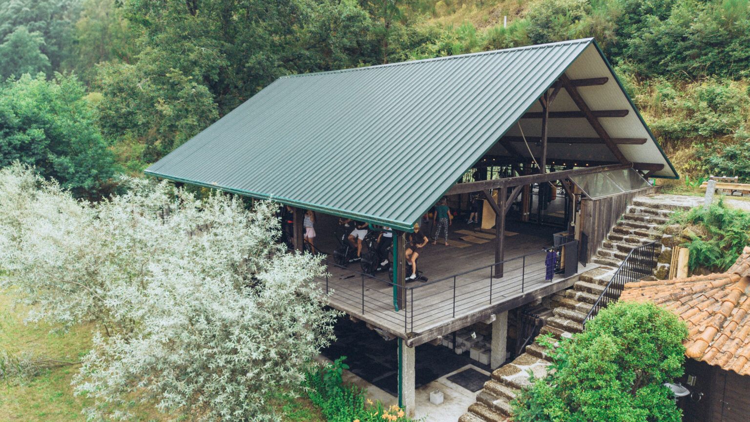 Aerial view of the open-air timber gym in the forest