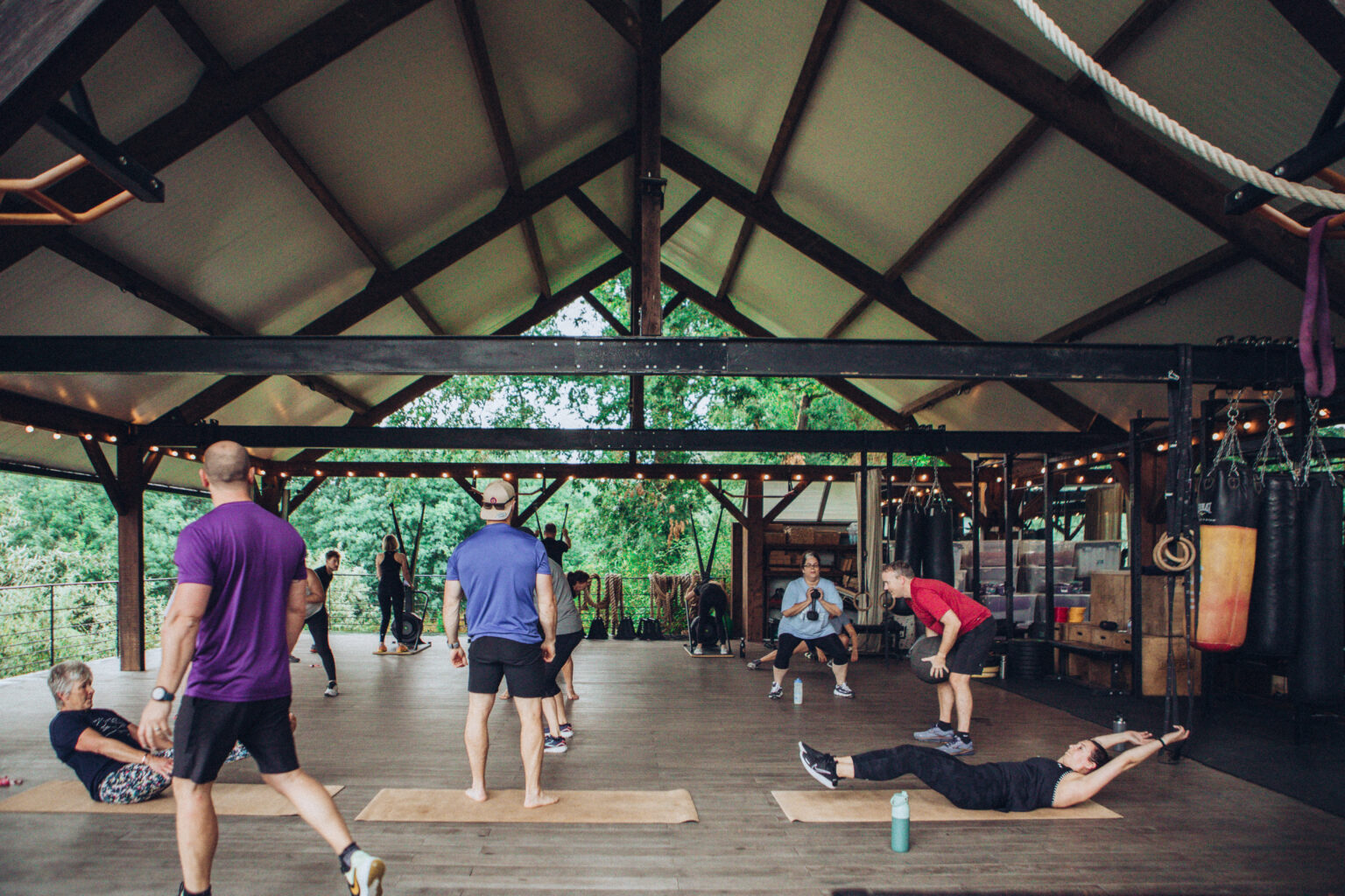 Group training session under the timber roof