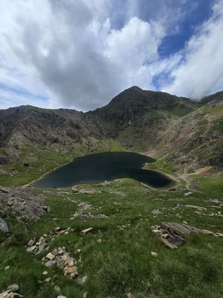 A lake below a peak in Snowdonia